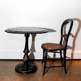 BLACK PAPER MACHE TILT TOP SIDE TABLE AND CHAIR