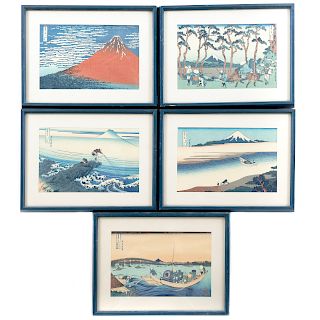 After Hokusai. Group of Five Framed Woodcuts