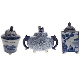 Three Chinese Porcelain Cricket Boxes/ Censors