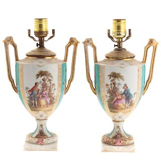 Pair Helena Wolfsohn Dresden Porcelain Urn Lamps