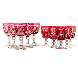 Twelve Cranberry Cut to Clear Glass Water Goblets