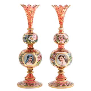 Pair of Bohemian Enamel Glass Portrait Vases
