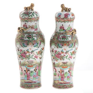 Pair of Chinese Export Rose Medallion Lidded Vases