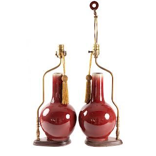 Pair of Chinese Sang de Boeuf Bottle Vase Lamps