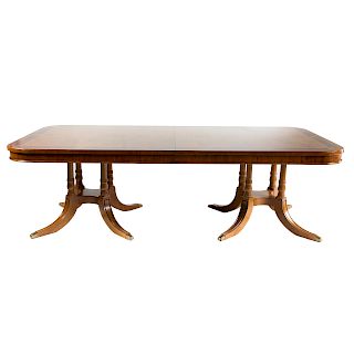 Fine Italian Benchmade Regency Style Inlaid Satinwood Double Pedestal Extension Dining Table