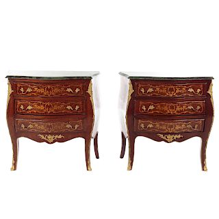 Pair of Louis XV Style Marquetry Bombe Commodes