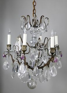Louis XV Bronze, Rock Crystal, Amethyst and Crystal 6-light Chandelier