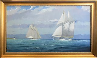 William Lowe Oil on Linen "Nantucket Schooners Rounding Great Point"