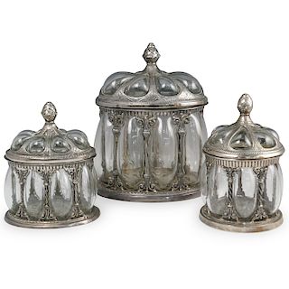 (3 Pc) Silver Plate and Glass Biscuit Jar