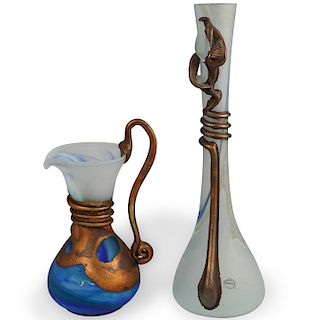 (2 Pc) Signed Romanian Art Glass Vase