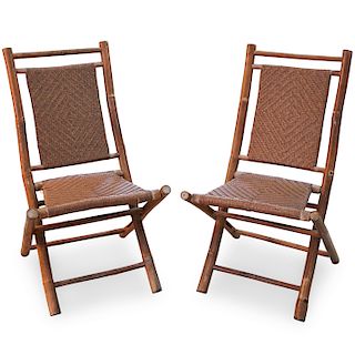 Pair of Wood and Wicker Folding Chairs