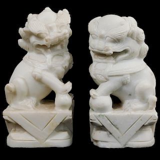 Pair of Chinese White Marble Foo Lions