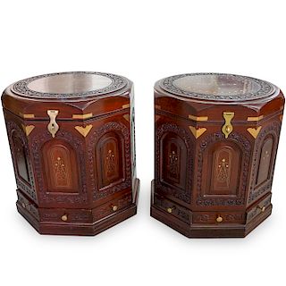 Pair of Continental Marquetry Wood Trunks
