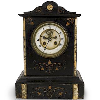 French Black Slate and Marble Inlaid Mantel Clock