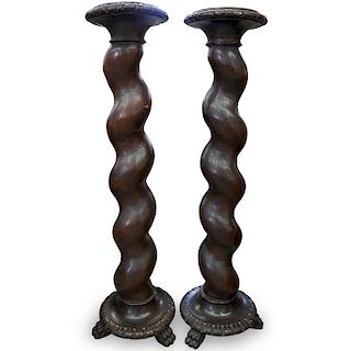 Pair of Wood Carved Twisted Pedestal Stands