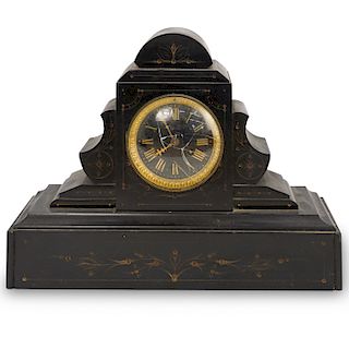 French Slate and Marquetry Wood Mantel Clock