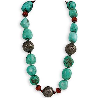 Navajo Style Large Beaded Turquoise and Sterling Necklace