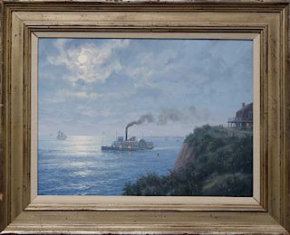 William G. Muller (b. 1937) Oil on Artist Board "Paddle Steamer Rounding Headland"