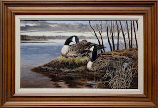Blaker Oil on Panel "Two Geese on a Mound"