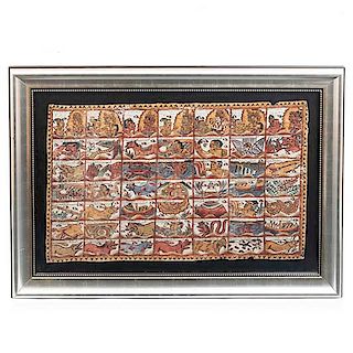 Textil. Bali. Tipo Batik. Ca 1960. Decorado con imagenes de mitología hinduista. Enmarcado. 48 x 75 cm.