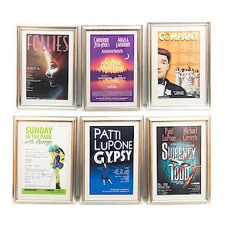 Lote de 6 carteles de obras musicales de Stephen Sondheim. SXX y XXI. Consta de: "Gypsy", "Company", "Sweeney Todd", otros. Enmarcados.