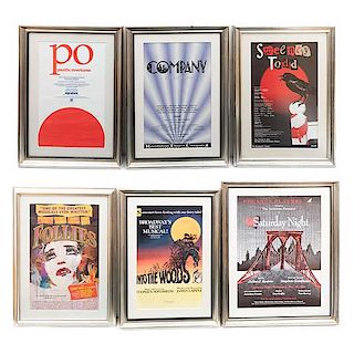 Lote de 6 carteles de obras musicales de Stephen Sondheim. SXX y XXI. Consta de: "Pacific Overture", "Sweeney Todd", otros. Enmarcados
