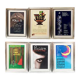 Lote de 6 carteles de obras musicales de Stephen Sondheim. SXX y XXI. Consta de: "The Frogs", "Follies", otros. Enmarcados.