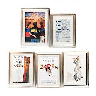 Lote de 5 carteles de obras musicales de Stephen Sondheim. Siglo XX y XXI. Consta de: "Sondheim", "Merrily", otros. Enmarcados.