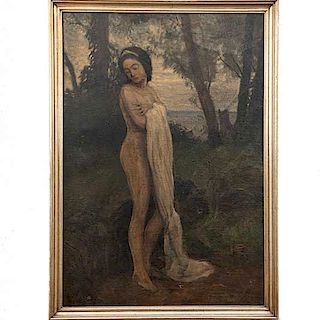 Anónimo. Joven desnuda. Óleo sobre tela. Enmarcado en madera tallada. 79 x 54 cm.