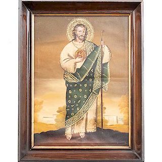 Anónimo. San Judas Tadeo. Óleo sobre tela. Enmarcado en madera tallada. 38 x 28 cm.