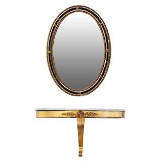Mesa consola y espejo. SXX. En madera dorada. Mesa con cubierta de mármol blanco y espejo de luna oval. 104 x 74 x 2 cm. (mayor)