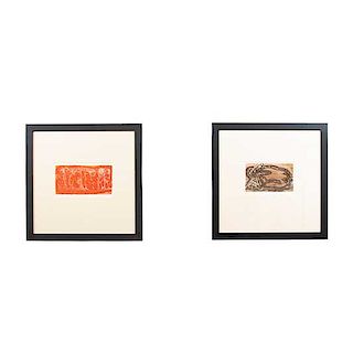Lote de 2 obras gráficas. Gustavo Arias Murueta. Mujeres y Abstracción. Firmadas. Grabados 13/100. Enmarcados. 14 x 25 y 14 x 22 cm.