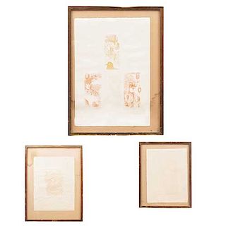 Lote de 3 grabados. Juan Manuel de la Rosa. Consta de: 2 Escenas y Rostros y aves. Firmados. Enmarcados. 46 x 22 cm. (mayor)
