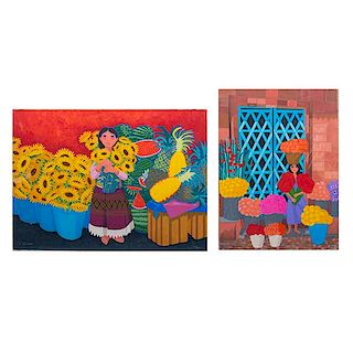 Lote de 2 obras gráficas. Trinidad Osorio. Consta de: "Puerta azul" y Vendedora de floraes y frutas. Serigrafías. Sin enmarcar.