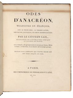ANACREON (?572-?488 B.C.). Odes...traduites en francois, avec le texte grec, la version latine, des notes critiques, et deux dissertations. Paris: Did