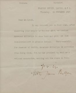BALFOUR, Arthur James, 1st Earl. Prime Minister (1848-1930). Typed letter signed ("Arthur James Balfour"), as Secretary of State for Foreign Affairs, 