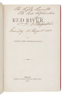 HARGRAVE, Joseph James (1841-1894). Red River. Montreal: John Lovell for the Author, 1871. FIRST EDITION, PRESENTATION COPY.