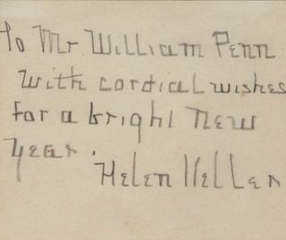 KELLER, Helen (1880-1968). Autograph sentiment signed ("Helen Keller"). 