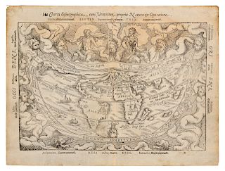 APIANUS. Charta Cosmographica, cum Ventorum... Antwerp, circa 1553. Block 2 (of 3) with border text in Latin and Dutch. Woodcut world map.
