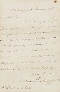 BUCHANAN, James, President (1791-1868). Autograph letter signed ("James Buchanan"), as President, to Robert Michael. Washington, D. C., 8 January 1860
