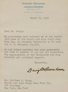 EISENHOWER, Dwight D., President (1890-1969). Typed letter signed ("Dwight D. Eisenhower"), to Mr. Propp. New York, 20 March 1950. 