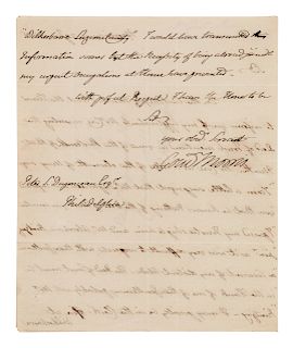 MORRIS, Gouverneur (1752-1816), signer of the Constitution and the Articles of the Confederation. Autograph letter signed ("Gouv Morris"), addressed i