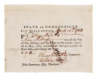 WOLCOTT, Oliver (1726-1797), signer of the Declaration of Independence and the Articles of the Confederation. Partially printed document signed ("Oliv