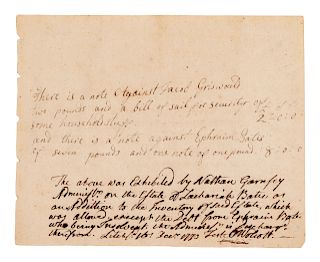 WOLCOTT, Oliver (1726-1797), signer of the Declaration of Independence and the Articles of the Confederation. Autograph document signed ("O Wolcott"),