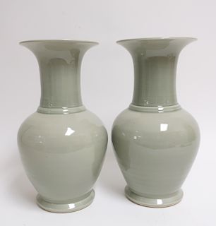 Pair Chinese Style, Celadon Style Porcelain Vases