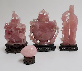 4 Chinese Carved Rose Quartz Pieces