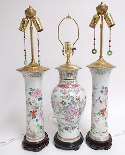3 Chinese Famille Rose Porcelain Table Lamps