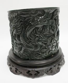 Carved Spinach Jade Brush Pot