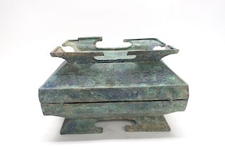 Bronze Rectangular Covered Vessel