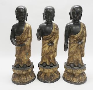 3 Asian Bronze & Parcel Gilt Standing Figures